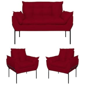 Kit 2 Poltronas Opala + Namoradeira Base Metal Preta Suede Vermelho