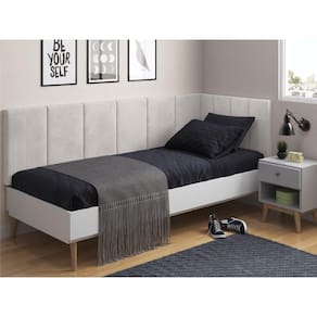 Conjunto De Cabeceira Solteiro Clara Proteção Lateral Bege Suede