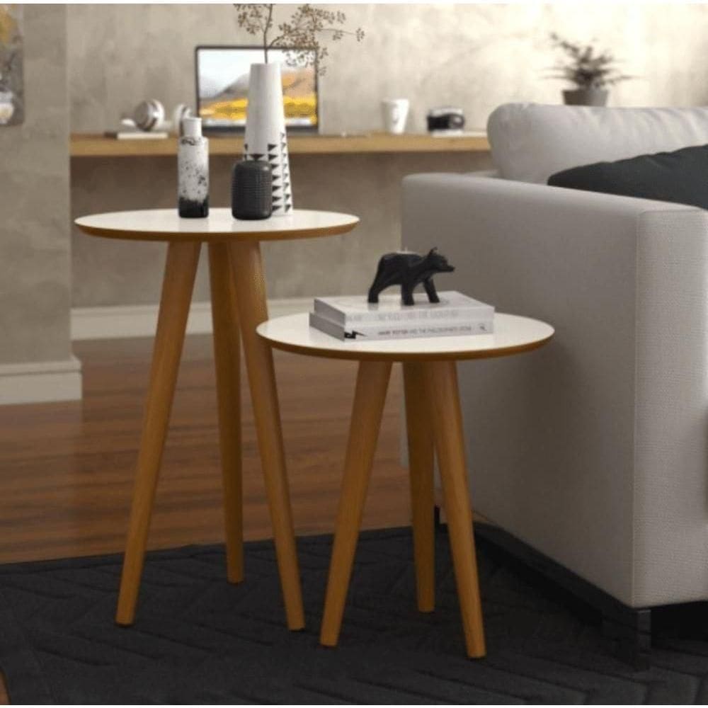 Conjunto 2 Mesas Laterais Pés Palito Em Madeira 4301 Sala Off White/freijo