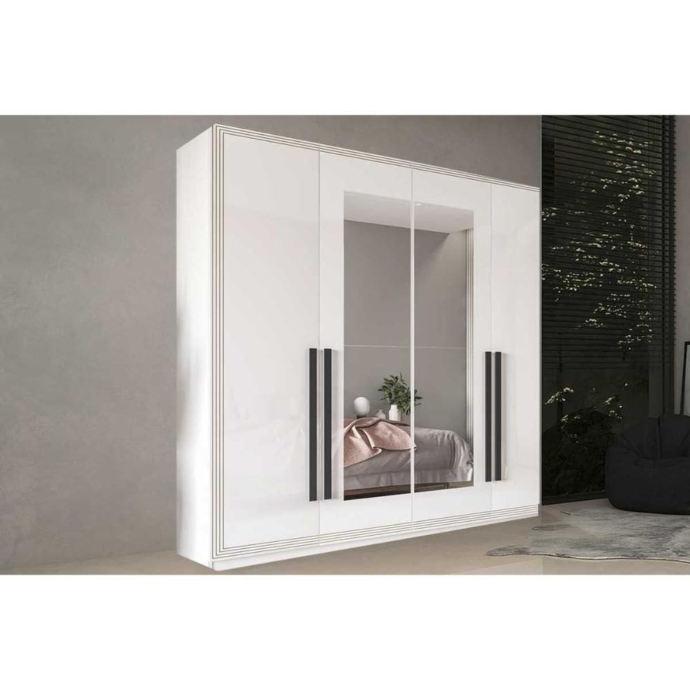 Guarda Roupa 4 Portas (2 c/ Espelho) e 4 Gavetas Valência Branco - Politorno
