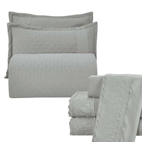 Kit Cobre Leito Casal Padrão + Jogo De Lençol Micropercal 300 Fios Com Bordado Inglês Santorini 7 Peças - Cinza