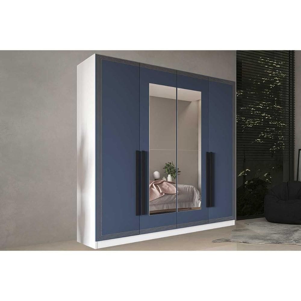Guarda Roupa 4 Portas (2 c/ Espelho) e 4 Gavetas Valência Branco/Azul - Politorno