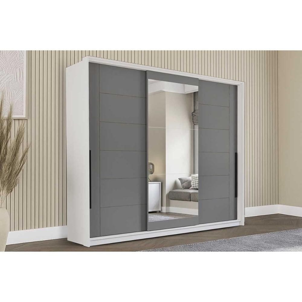 Guarda Roupa 3 Portas de Correr (1 c/ espelho) e 4 Gavetas Lisboa Branco/Cinza - Politorno