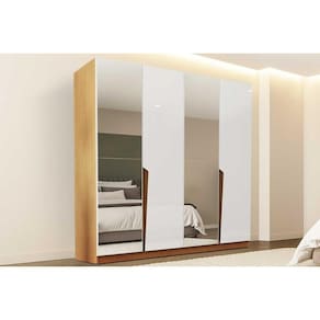 Guarda Roupa Casal 4 Portas (2 c/ Espelho) e 4 Gavetas Porto Freijo/Branco - Politorno