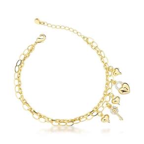 Joia De Amor - Pulseira Corrente Dupla Banhada A Ouro 18k Com Cristais E Corações