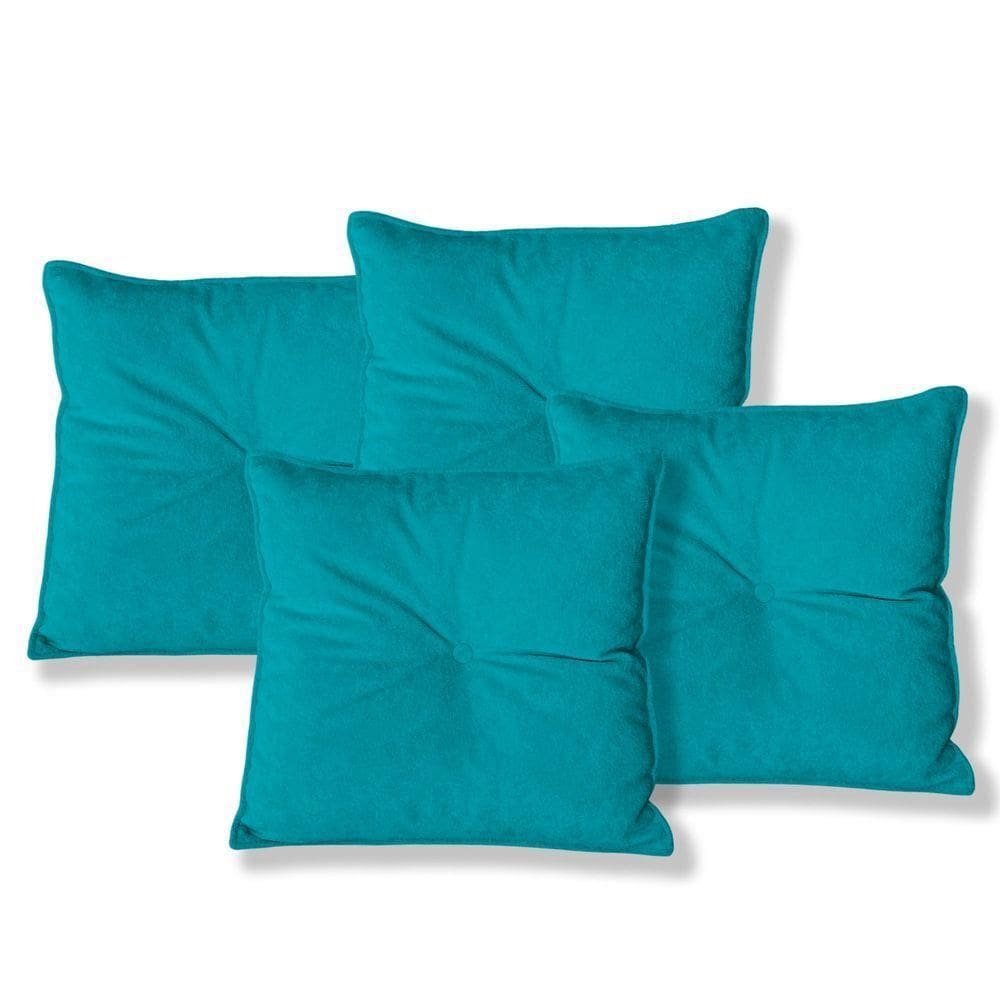 Kit 4 Almofadas Quadradas Tina Com Botão Central 50x50 Cm Veludo 7 Decor Azul Turquesa