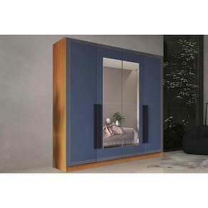 Guarda Roupa Casal 4 Portas (2 c/ Espelho) e 4 Gavetas Valência Freijo/Azul - Politorno