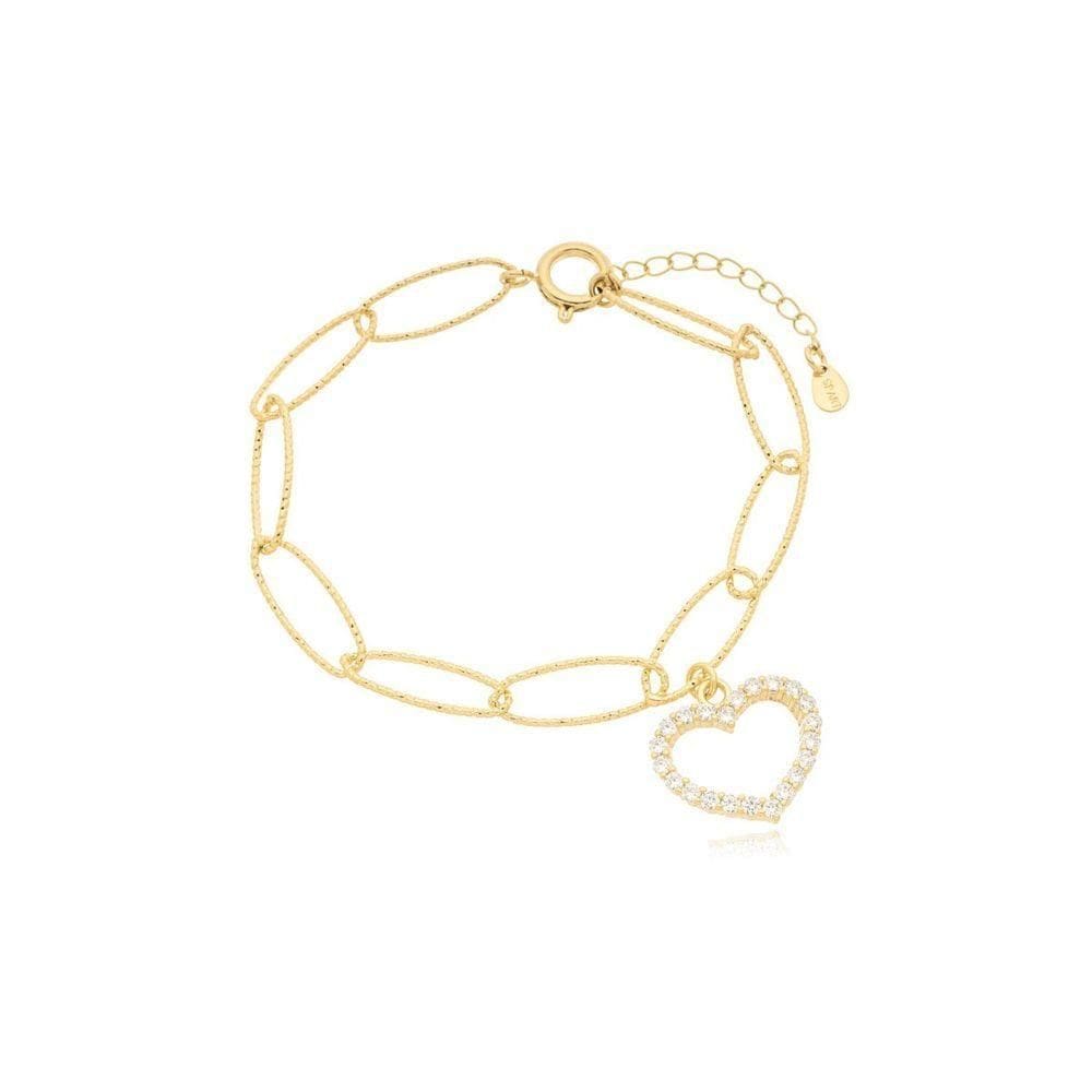 Pulseira Elos Grandes E Coração Central Banhada A Ouro 18k