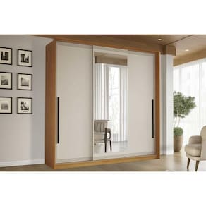 Guarda Roupa 3 Portas de Correr (1 c/ espelho) e 4 Gavetas Valência Freijo/Creme - Politorno