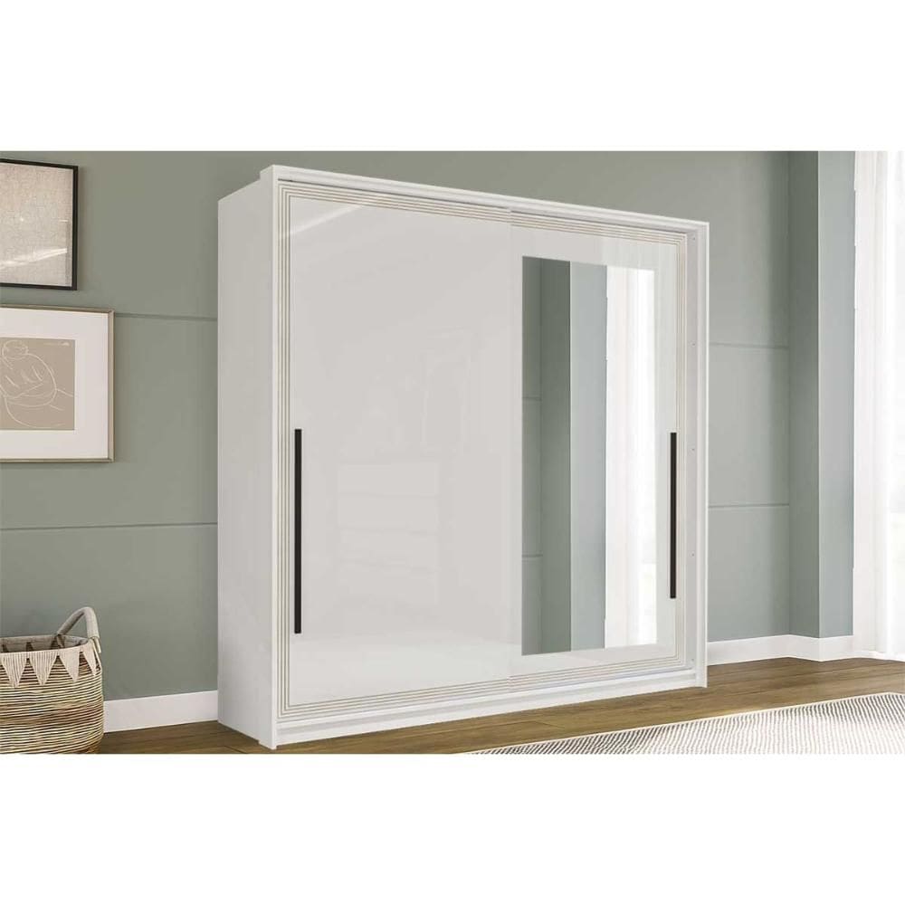 Guarda Roupa 2 Portas de Correr (1 c/ espelho) e 2 Gavetas Valência Branco - Politorno