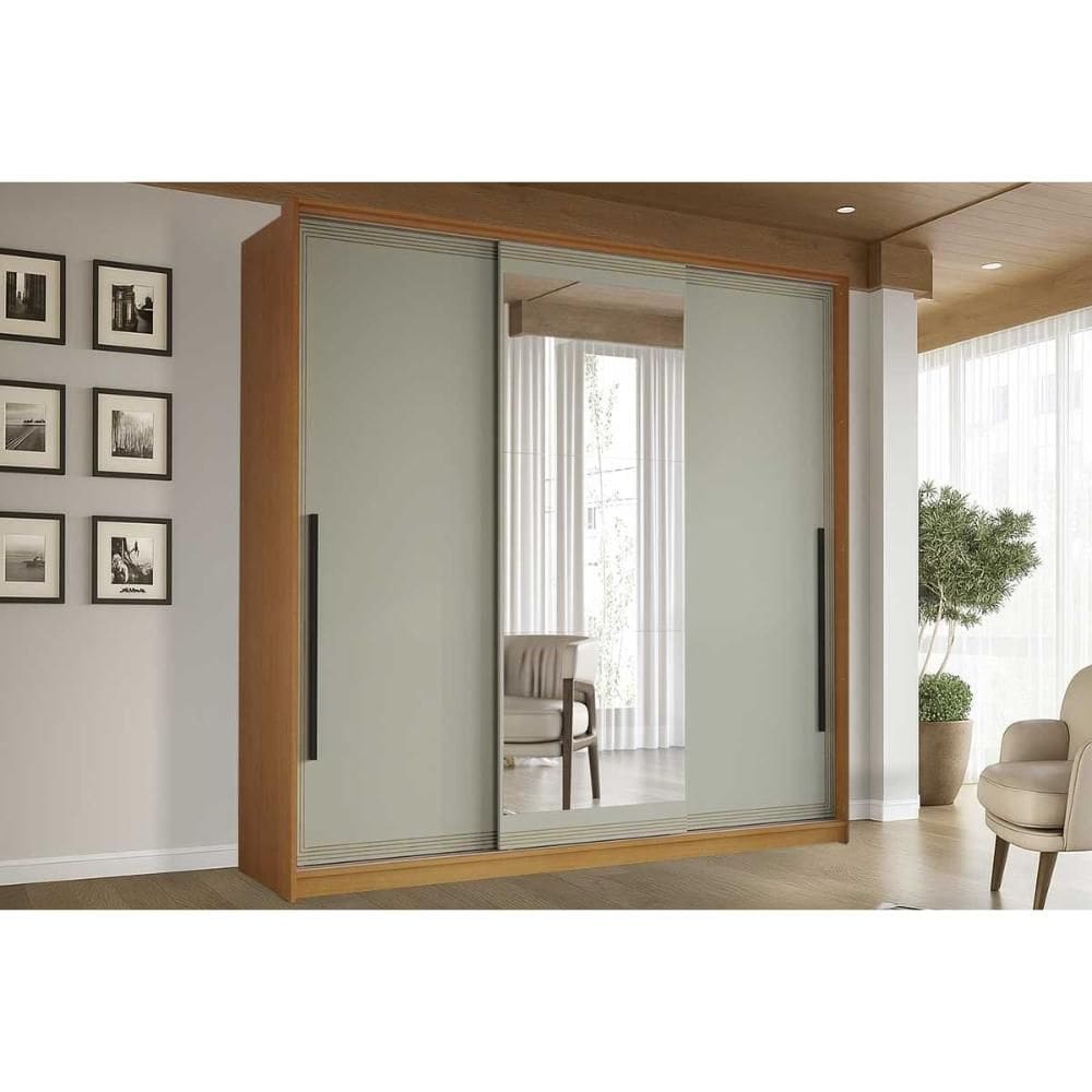 Guarda Roupa 3 Portas de Correr (1 c/ espelho) e 4 Gavetas Valência Freijo/Verde - Politorno