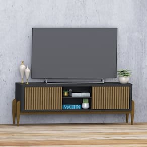 Rack Sereno para TV 55” com Ripado 2 portas de correr 160mm Preto / Cedro