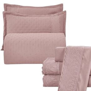 Kit Cobre Leito Casal Padrão + Jogo De Lençol Micropercal 300 Fios Com Bordado Inglês Santorini 7 Peças - Malva