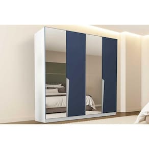 Guarda Roupa 4 Portas (2 c/ Espelho) e 4 Gavetas Porto Branco/Azul - Politorno