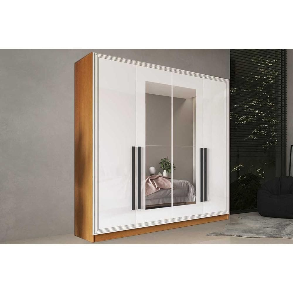 Guarda Roupa 4 Portas (2 c/ Espelho) e 4 Gavetas Valência Freijo/Branco - Politorno
