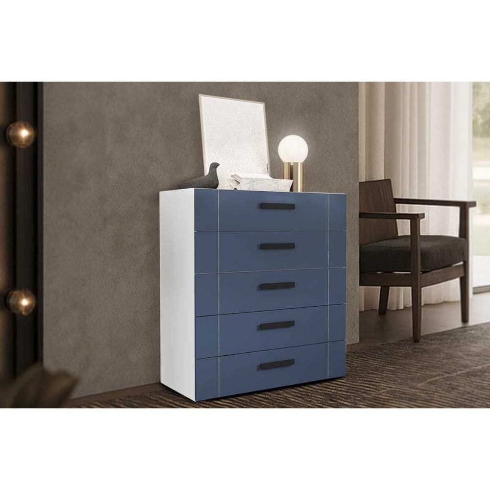 Cômoda de Quarto Lisboa c/ 5 Gavetas Branco/Azul - Politorno
