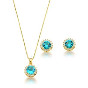 Conjunto Colar E Brinco Ponto De Luz Azul Turquesa Claro Banhado A Ouro 18k