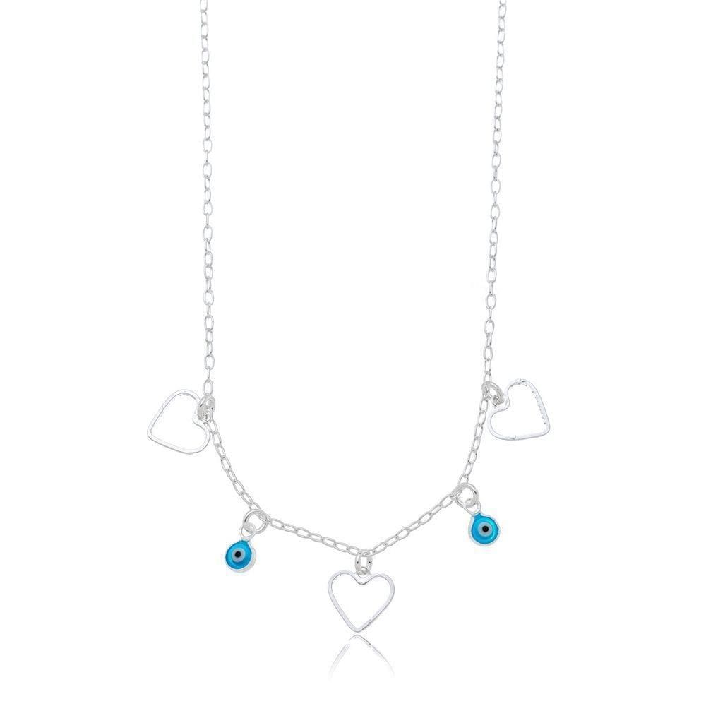 Colar Corações Com Olho Grego Prata 925