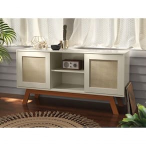 Rack Buffet Com Duas Porta De Correr Rattan Pés Em Madeira Off White - Ofertamo