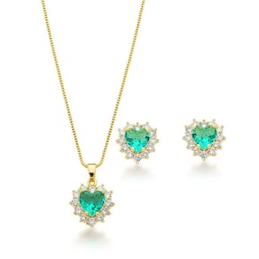 Conjunto Colar E Brinco Coração Cravejados Verde Claro Banhado A Ouro 18k