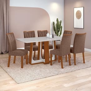 Conjunto Sala De Jantar Mesa Easy Pop 170x90cm Tampo Vidro/mdf Com 6 Cadeiras Confort Couro Avelã Frassino/off White