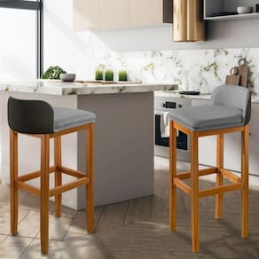 Kit 2 Banquetas Luxo Alta Onix - Base Em Madeira Maciça - Estofado Em Linho Com Composê No Corino