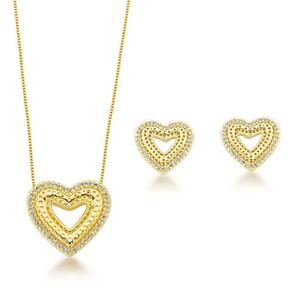 Conjunto Colar E Brinco Coração Vazado Banhado A Ouro 18k