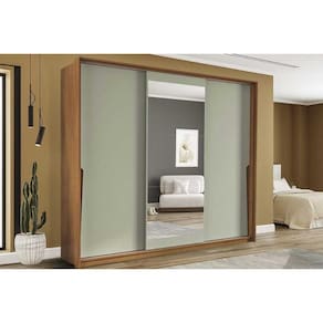 Guarda Roupa 3 Portas de Correr (1 c/ espelho) e 4 Gavetas Porto Freijo/Verde - Politorno