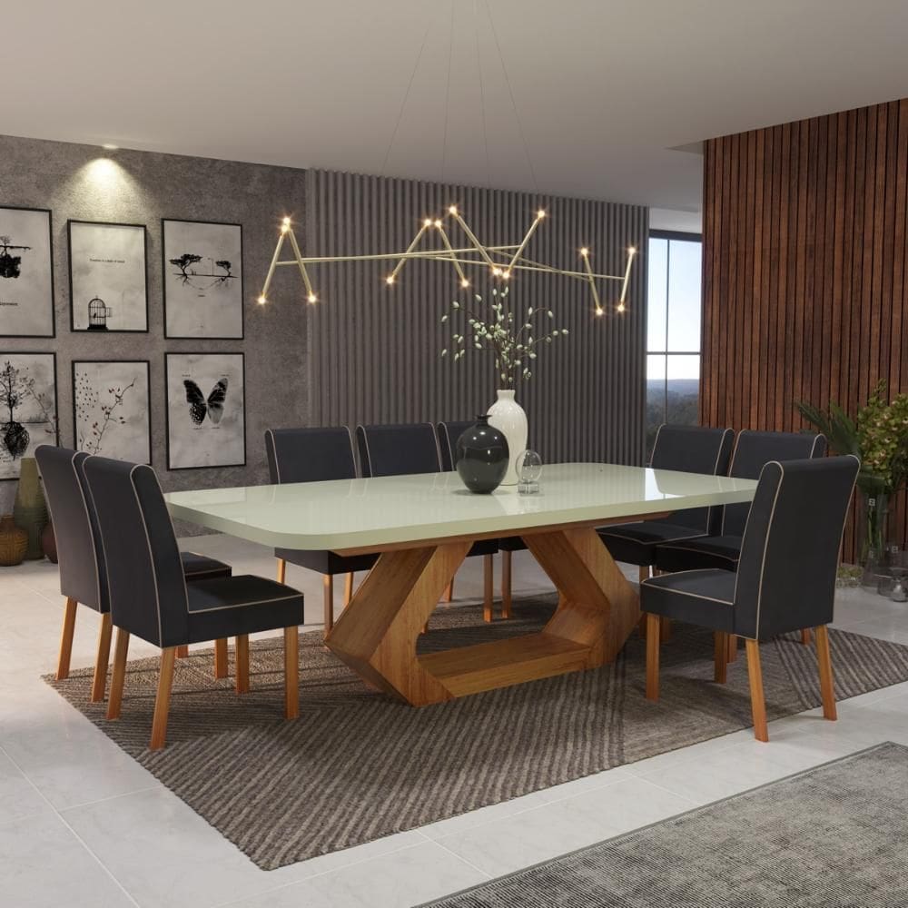 Sala de Jantar 220x110 Lottus MDF/Vidro Off 8 Cadeiras Bom Pastor