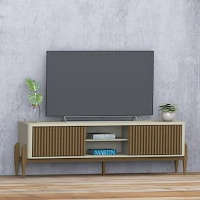 Rack Sereno para TV 55” com Ripado 2 portas de correr 180cm Off White / Cedro
