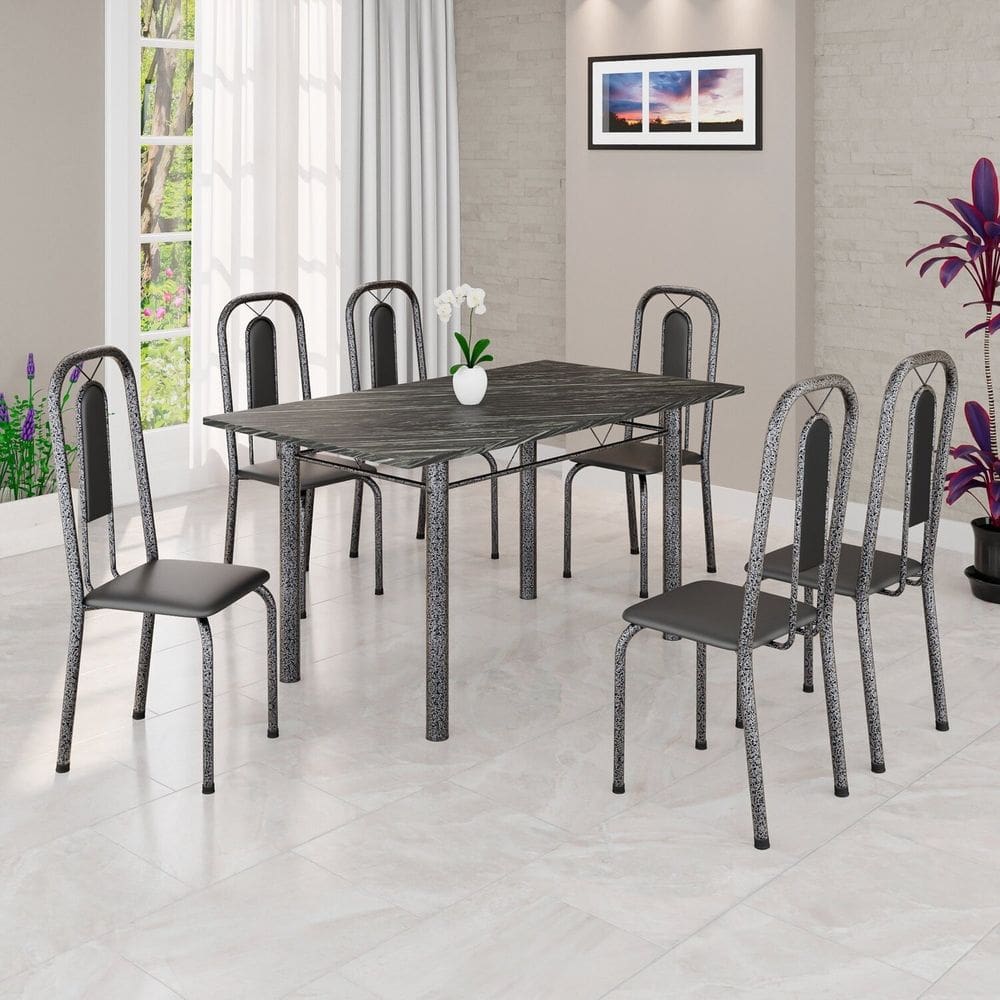 Conjunto Sala de Jantar com 6 Cadeiras Lívia Preto/Prata