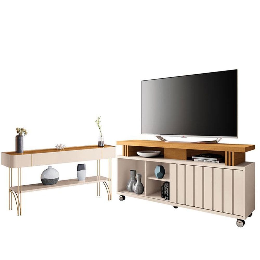 Rack Bancada Rivera 1.3 com Aparador Vivant Off White Cinamomo - HB Móveis