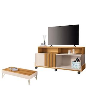 Rack Bancada Graci 1.3 com Mesa de Centro Cadenza Cinamomo Off White - HB Móveis
