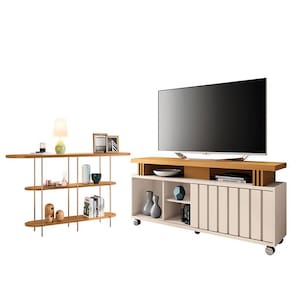 Rack Bancada Rivera 1.3 com Aparador Infinity Off White Cinamomo - HB Móveis
