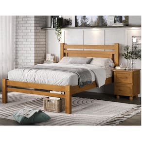 Conjunto Quarto Casal com Cama e 2 Mesas de Cabeceira em Madeira Pinus Carvalho Acetinado - Tozzeto