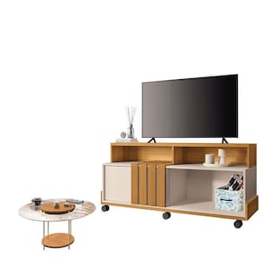 Rack Bancada Graci 1.3 com Mesa de Centro Sky com Tampo de Vidro Cinamomo Off White - HB Móveis