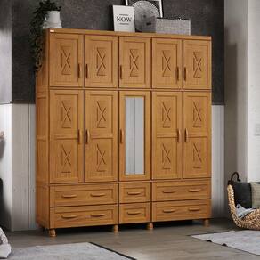 Guarda-Roupa Caribe com 10 Portas, Maleiro e 6 Gavetas em Madeira Pinus Carvalho Acetinado - Tozzeto