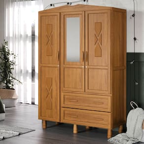 Guarda-Roupa Prático com 3 Portas e 2 Gavetas em Madeira Pinus Carvalho Acetinado - Tozzeto