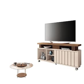 Rack Bancada Rivera 1.3 com Mesa de Centro Sky com Tampo de Vidro Castanho Off White - HB Móveis