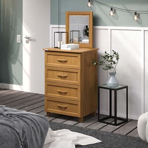 Cômoda Itália 4 Gavetas com Moldura com Espelho em Madeira Pinus Carvalho Acetinado - Tozzeto