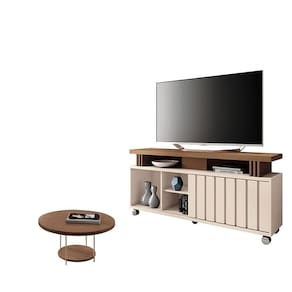 Rack Bancada Rivera 1.3 com Mesa de Centro Sky Castanho Off White - HB Móveis