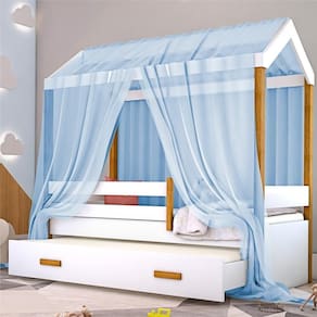 Bicama Montessori Exclusiv Solteiro Com Colchão E Voal Azul