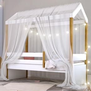 Cama Montessori Exclusiv Fio De Luz Colchão E Voal Branco