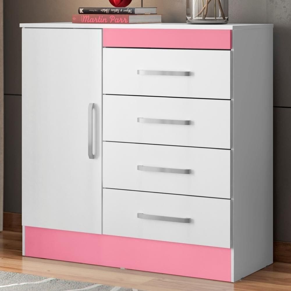 Cômoda Haley 1 Porta 4 Gavetas Branco Rosa