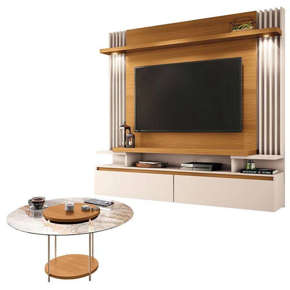 Home Suspenso Cosmo Cinamomo Off White E Mesa De Centro Sky Com Tampo De Vidro Cinamomo - Hb Móveis