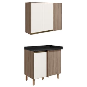 Armario E Balcao Canto Reto 89cm Mdf Kali Nicioli Carvalho Toq Off White Cetim