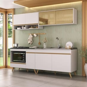Armário De Cozinha Modulada Compacta 225cm Com Balcão Para Cooktop Veneza Multimóveis Mp2265 Branco/dourado