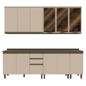 Cozinha Modulada Connect 7 Peças Aéreo 3 Portas Duna/cristal Com Vidro - Móveis Henn Duna/cristal
