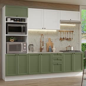 Armário De Cozinha Completa 270 Cm Branco/verde/branco Vik Madesa 01 Branco/verde/branco