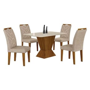 Mesa De Jantar Larissa 120x80 Freijó Off White Com 4 Cadeiras Mdf Freijó Linho Palha - Leifer Móveis